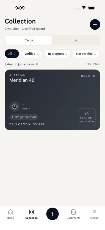 The Collection screen in the Provatto app, showing the record card for an Aurelian Meridian 40